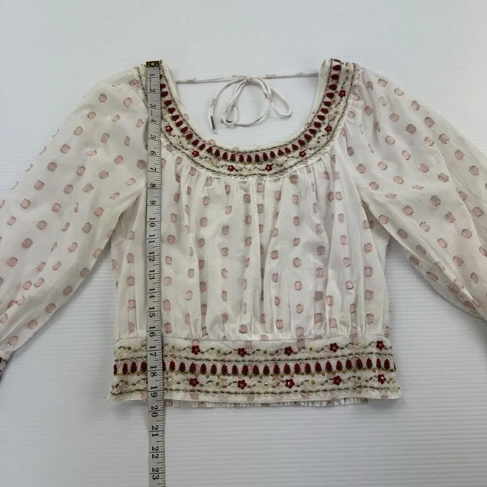 Anthropologie Beaded Embroidered Peasant Crop Top Small Boho India Metallic Dot